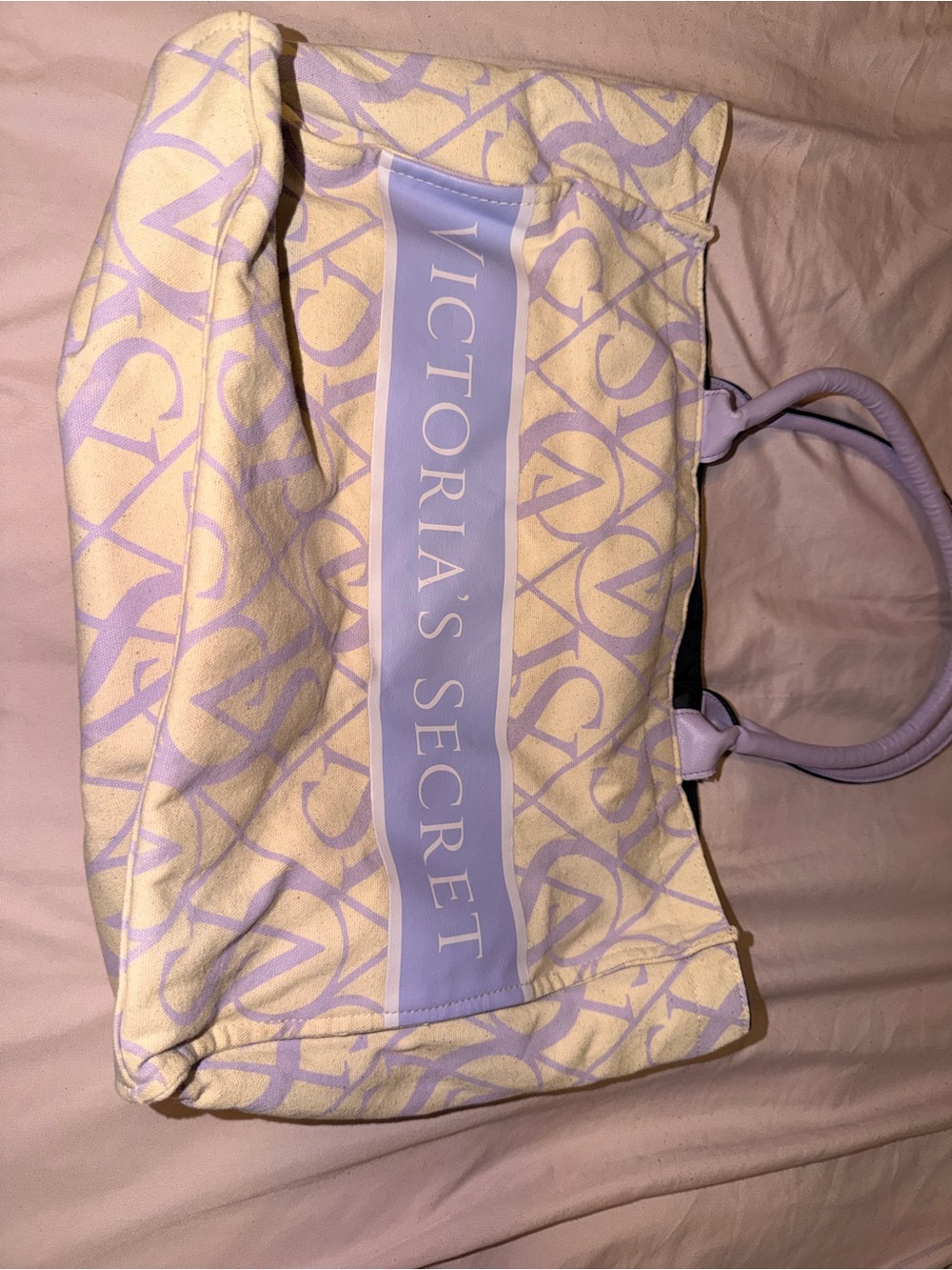 Victoria's Secret Cream and Lavender Logo Canvas Tote